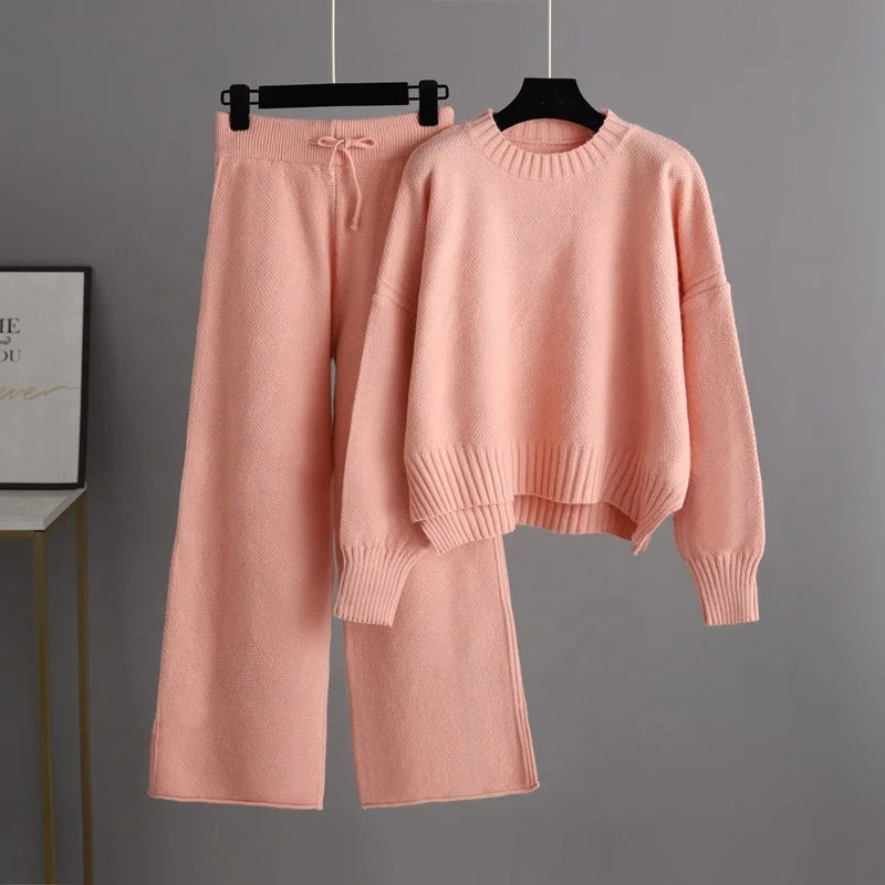 Autumn and Winter New Fashion Casual Knit Suit Pants Women's Version of Loose Sweater Wide Leg Trousers Long Pants Two-piece Set