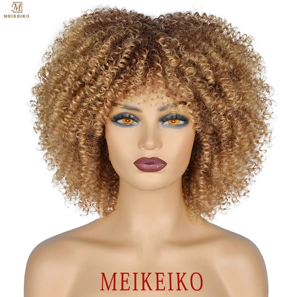 Short Hair Afro Kinky Curly Wigs With Bangs African Synthetic Ombre Glueless Cosplay Wigs for Black Women High Temperature