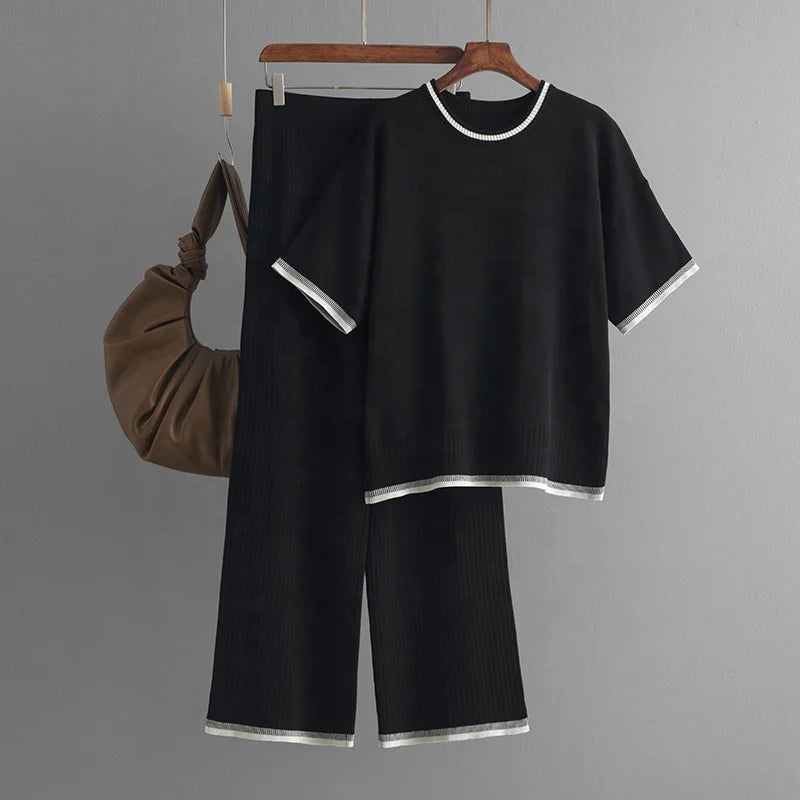 Fashion Women's Loose Sweater Top High Waist Thin Wide Leg Pants Two-piece Set Womens Cotton Knit Pant Sets