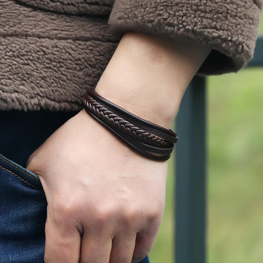 Genuine Leather Bracelet for Men Simple OL Style Man Bracelet Bangle Alloy Magnetic Clasp Wristband Hand Jewelry Bracelet Homme