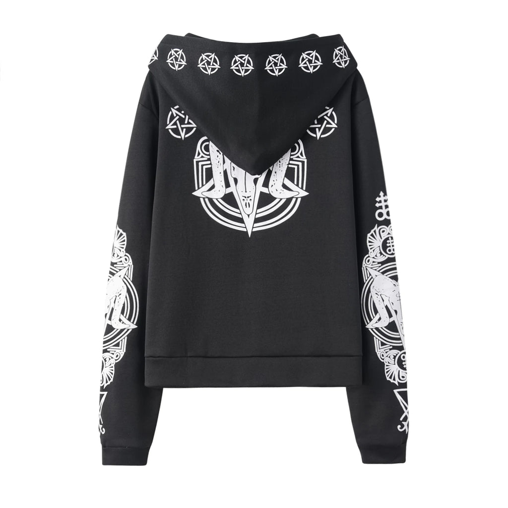 Irregular Black Punk Hoodie with Sheep Head and Moon Print Hoodie