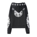 Irregular Black Punk Hoodie with Sheep Head and Moon Print Hoodie