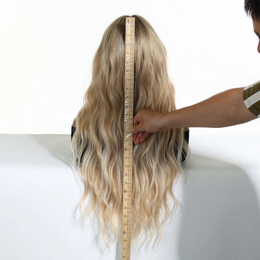 26inch Synthetic Fiber Wig Factory Natural Wavy Blonde with White Highlights Ombre Water Wave Wig with Elastic Cap Real Photo