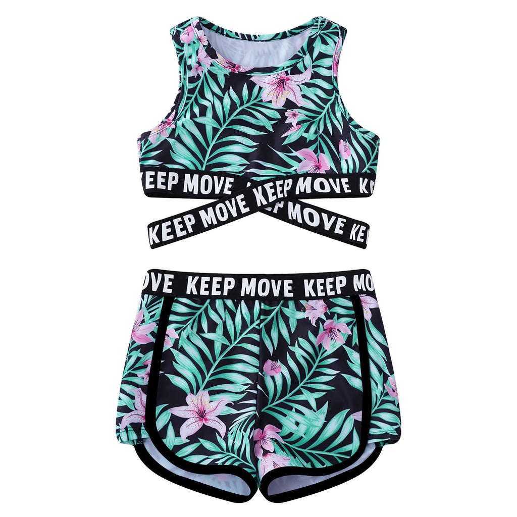 Kid Girls 2PCS Bikini Sets Swimwear Children Swimsuit Bathing Beachwear Costumes Round Neck Sleeveless Crop Tops with Shorts