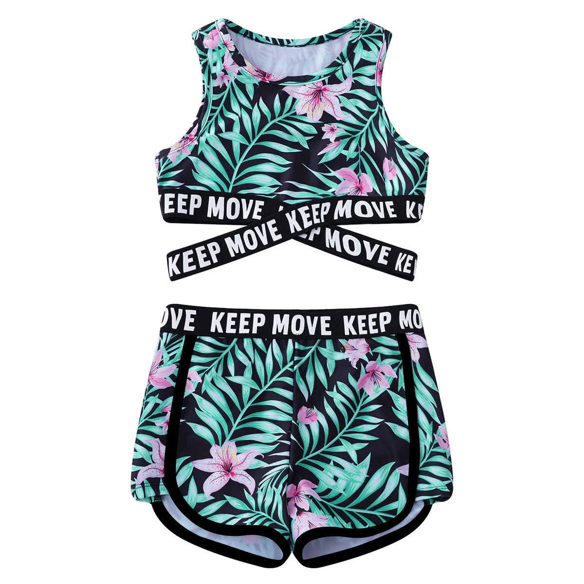 Kid Girls 2PCS Bikini Sets Swimwear Children Swimsuit Bathing Beachwear Costumes Round Neck Sleeveless Crop Tops with Shorts