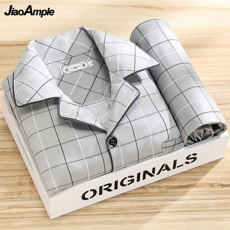 100% High-end Pajamas Men's Spring Autumn Striped Long-sleeved Trousers Pijamas Two-piece 2025 New Loose Nightwear Homewear Set