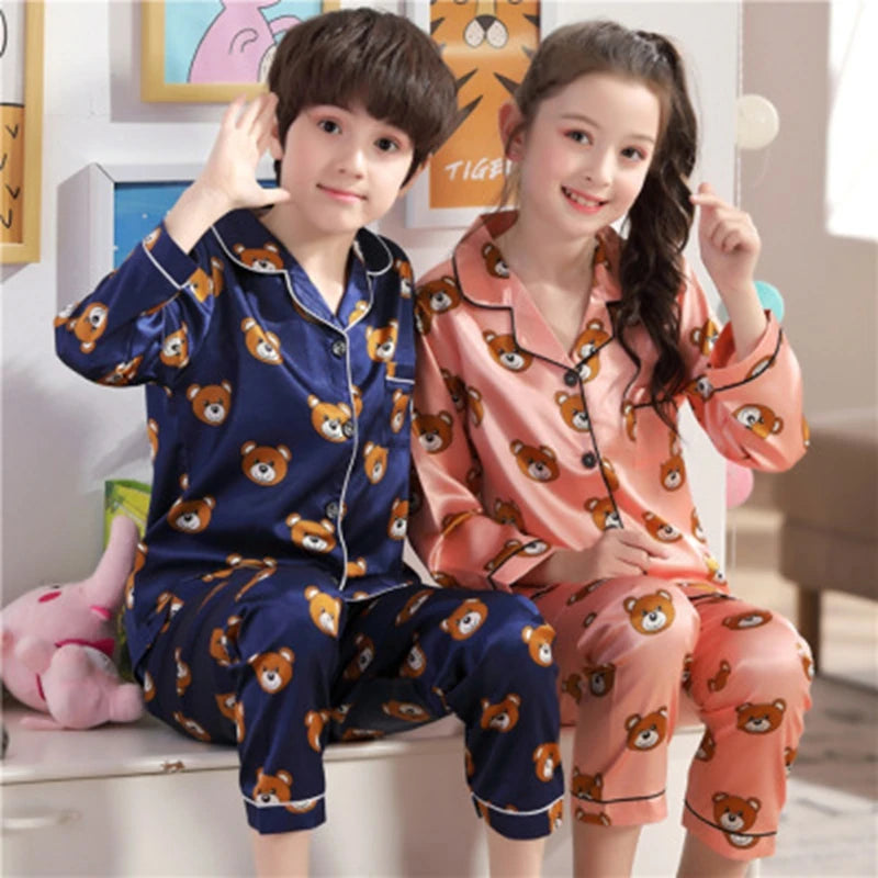 New Lapel Printed Set Long-Sleeved Pajamas Set Girls Bear Cartoon Children's Home Wear Toddler Boy Pyjamas Pjs for Kids