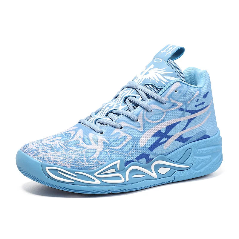 Men Professional Basketball Shoes High Top Athletic Sneakers Mesh Shock Absorption Blue Red Flame Graphic Training Footwear