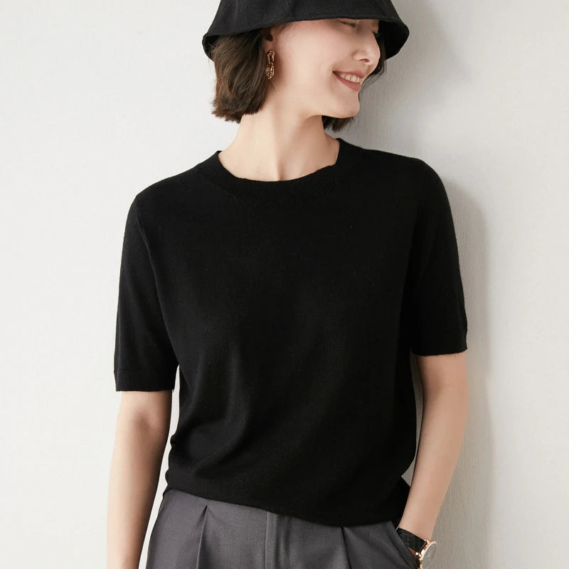 New Arrival Summer Cashmere Wool Sweater Spring Summer Women Solid Short Sleeve O-neck Pullovers Knitted Sweaters