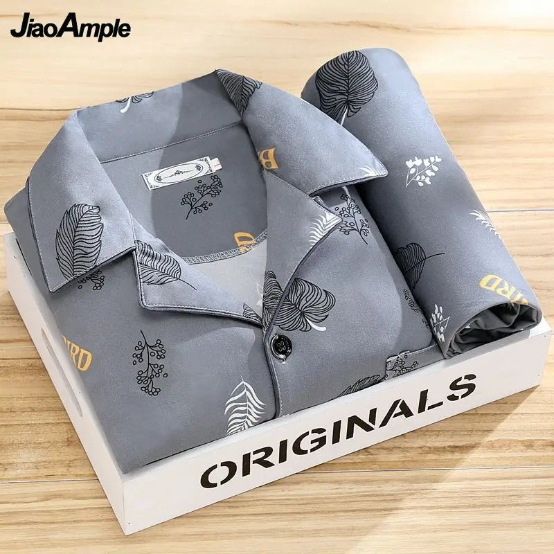 100% High-end Pajamas Men's Spring Autumn Striped Long-sleeved Trousers Pijamas Two-piece 2025 New Loose Nightwear Homewear Set