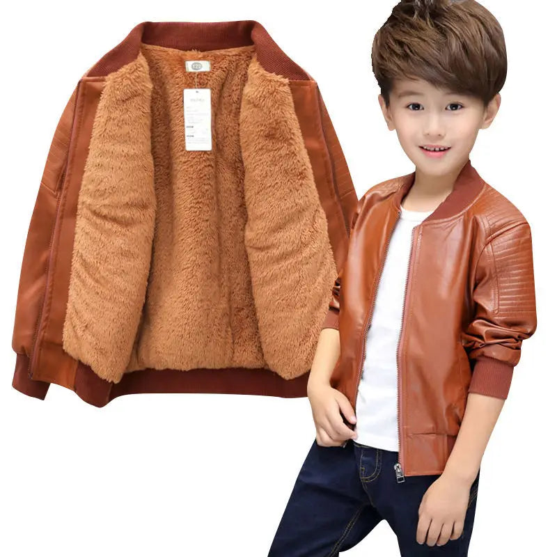 Boys Coats Autumn Winter Fashion Children's Plus Velvet / No Velvet Two Styles Warming Cotton PU Leather Jacket For 1-11Y Kids