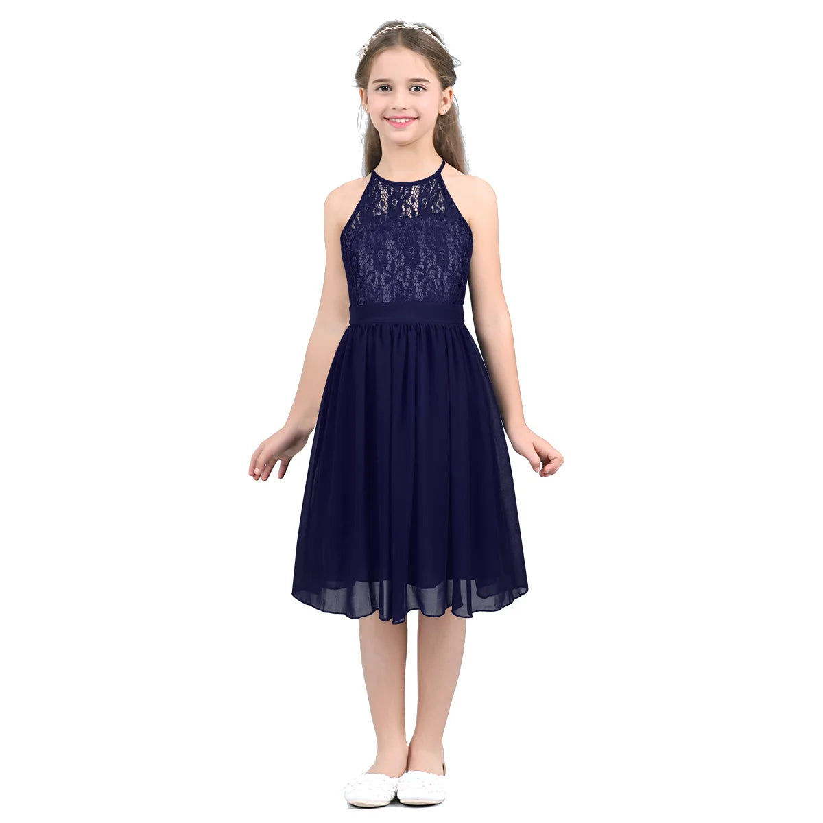 Kid Flower Girls Dress for Birthday Wedding Evening Children Halter Neck Lace Chiffon Princess Formal Party Kids Dress For Girls