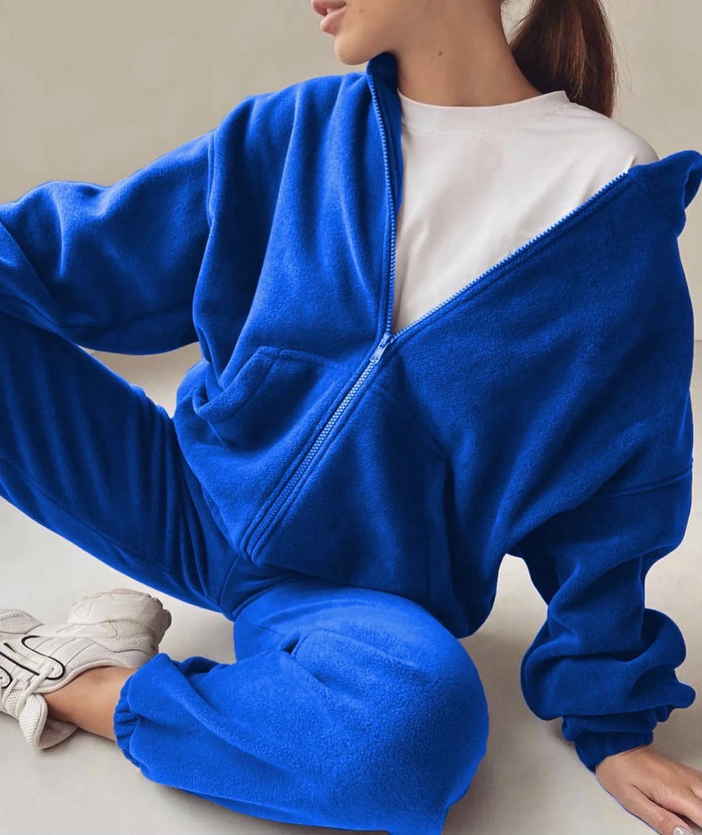 2025 Casual Women Fleece Hoodie Two Piece Sets Hooded Zipper Outerwear And Harem Pant Suit Winter Fashion Streetwear Tracksuit