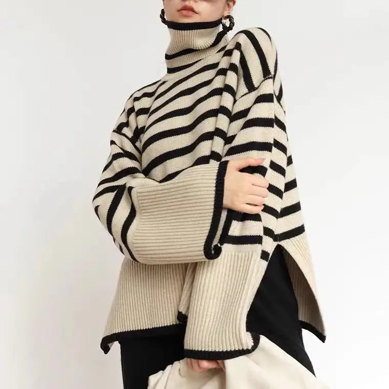 Striped High Neck Sweater for Women's New Autumn Loose Design Sense Knitted Shirt Color Matching Pullover Sweater