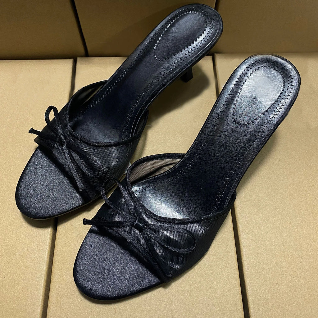Summer Style Women's Silk Satin Shoes Bow Decoration Black White Polka Dot Open-Back High Heel Sandals Shallow