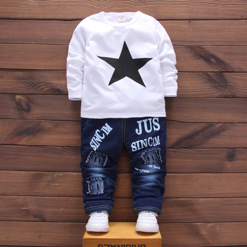 Kids New Denim Jacket Boys Coat Toddler Sport Clothes Suit Clothing Set Cotton Jeans Coat T-shirt Pants Star Tracksuit Children