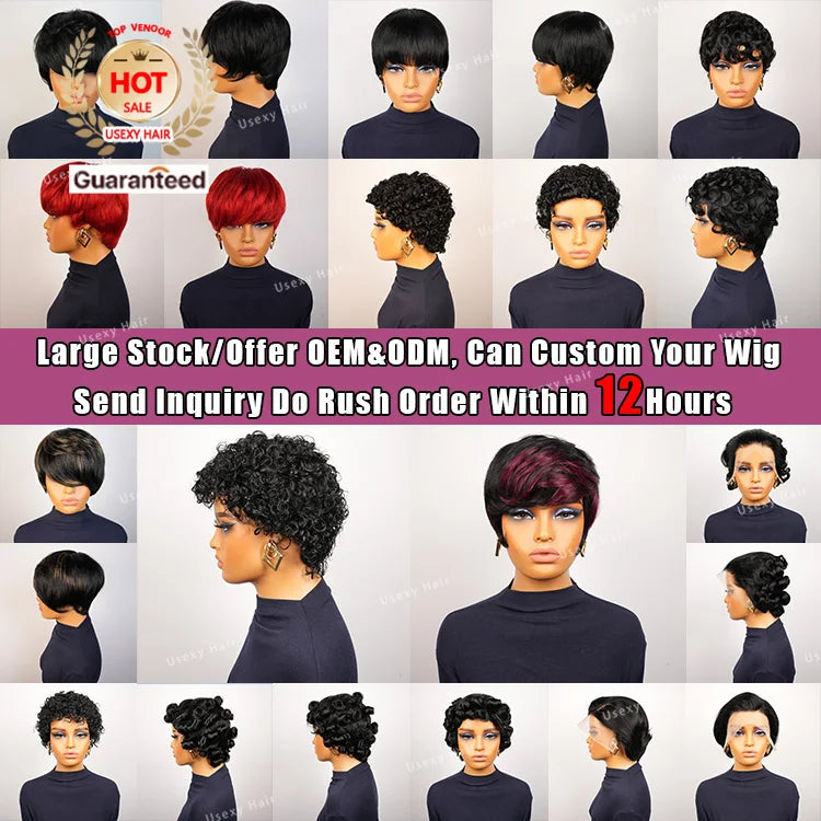 Cheap Full Machine Made Wig 100% Brazilian Human Hair Pixie Cut Wigs Short Kinky Curly Loose Curly Non Lace Wigs for Women