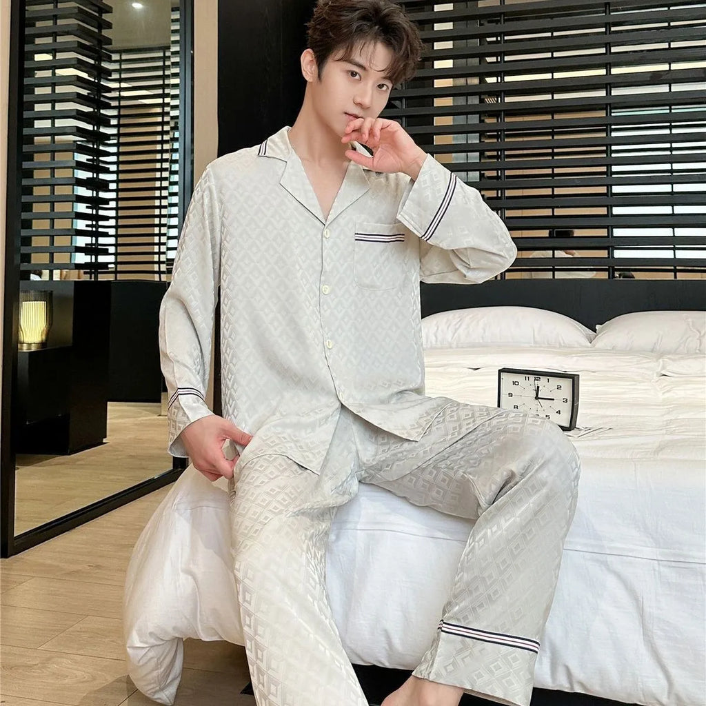Autumn Men Silk Pajamas Satin Long Sleeve Trousers Home Wear Solid Color Jacquard Plus Size Sleepwear Boy's Thin Casual Pyjamas