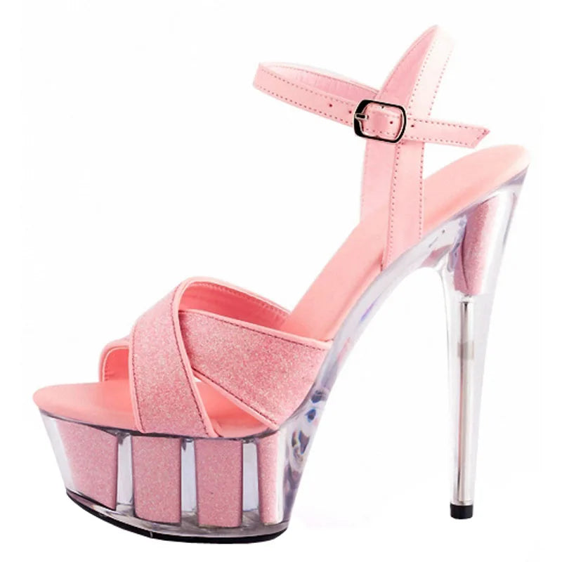 Red 15cm Pole Dance Transparent Crystal Bottom High Heels Summer Leaky Toe Platform Striptease Shoes Women's Large Sandals