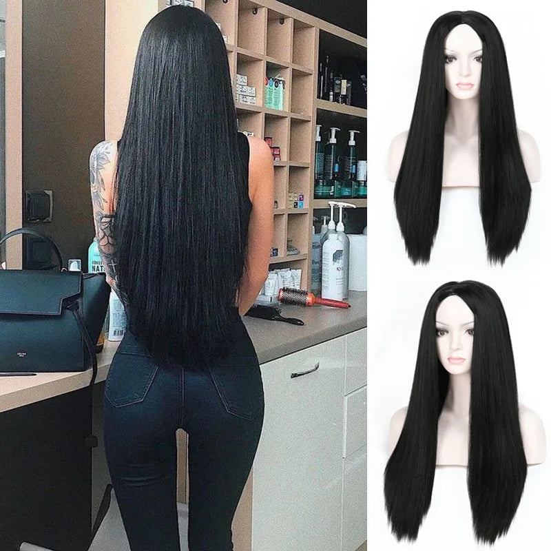 Black Bug 27# Wig Synthetic Heat Resistant Long Straight Middle Part Line Custom Cosplay Hair Wigs 28 Inches Party Hairpieces