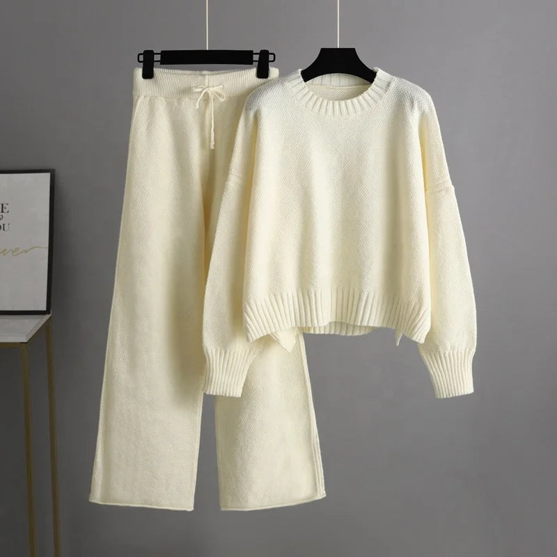 Autumn and Winter New Fashion Casual Knit Suit Pants Women's Version of Loose Sweater Wide Leg Trousers Long Pants Two-piece Set