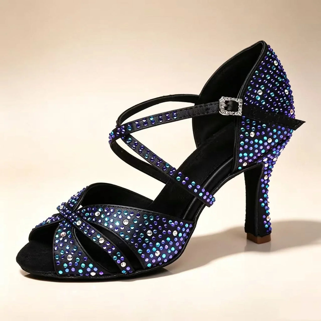 Blue 7.5cm Heel Strap Salsa Latin Shoes Satin Ballroom Tango Cha Cha Dancing Shoes Suede Sole Sandals for Women