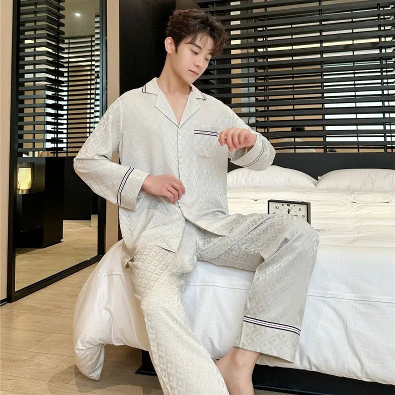 Autumn Men Silk Pajamas Satin Long Sleeve Trousers Home Wear Solid Color Jacquard Plus Size Sleepwear Boy's Thin Casual Pyjamas