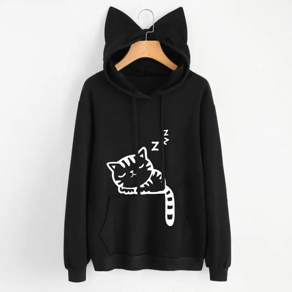 New Women Hoodies Sweatshirt Kawaii Pink Winter Cat Pattern Long Sleeve Hooded Sweatshirts Harajuku