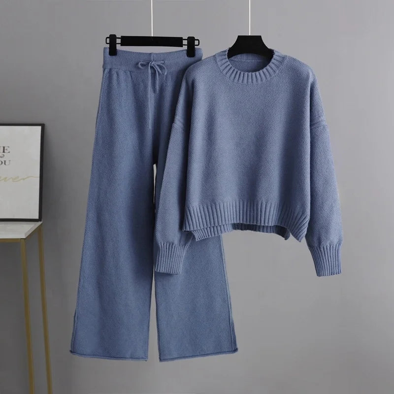 Autumn and Winter New Fashion Casual Knit Suit Pants Women's Version of Loose Sweater Wide Leg Trousers Long Pants Two-piece Set