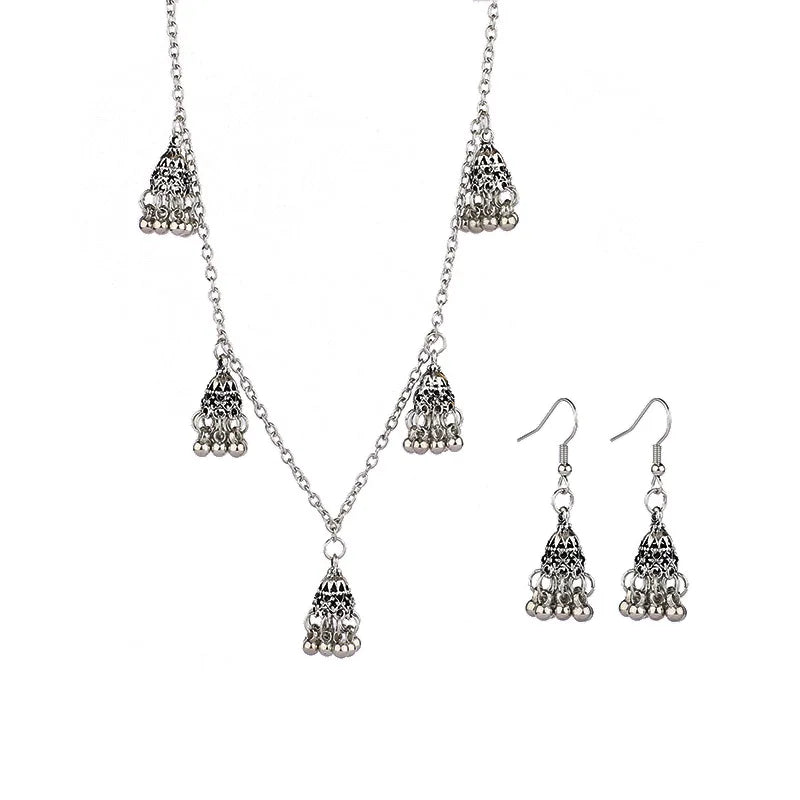 Indian Women Jewelry Silver Color Bells Earring/Necklace Set Bijoux Wedding Jewelry Hangers Bohemia Jhumka Earrings Hangers