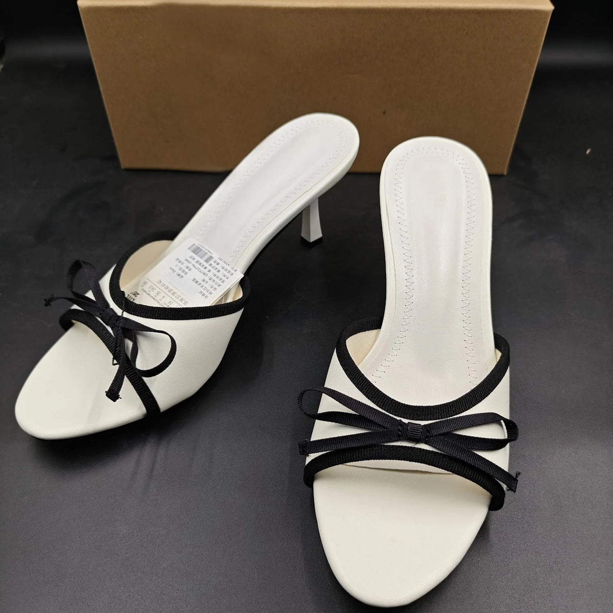Summer Style Women's Silk Satin Shoes Bow Decoration Black White Polka Dot Open-Back High Heel Sandals Shallow