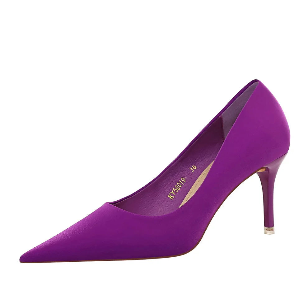 18249-A2 BIGTREE European and American Fashionable Women's Shoes Simple Shallow Mouth Silk Women's High Heels