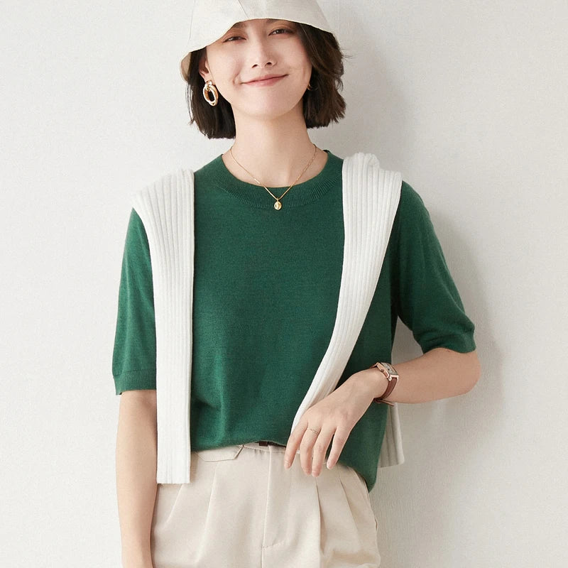 New Arrival Summer Cashmere Wool Sweater Spring Summer Women Solid Short Sleeve O-neck Pullovers Knitted Sweaters