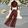Fashion Sweater Set Women's Loose Casual Retro Lapel Short Long-sleeved Sweater Women's High-waisted Wide-leg Pants