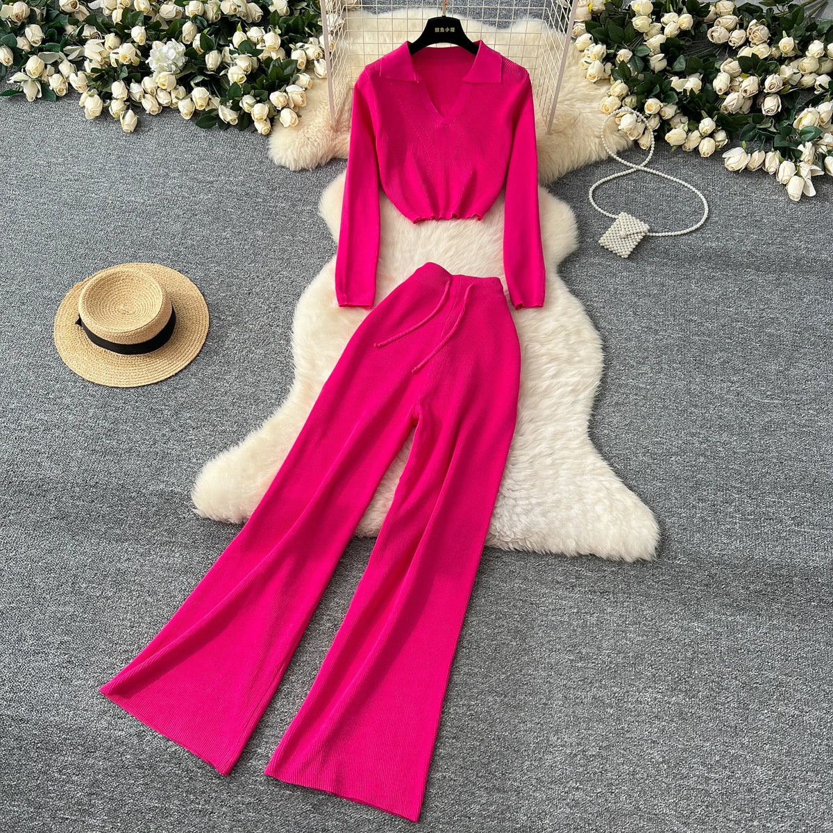 Fashion Sweater Set Women's Loose Casual Retro Lapel Short Long-sleeved Sweater Women's High-waisted Wide-leg Pants