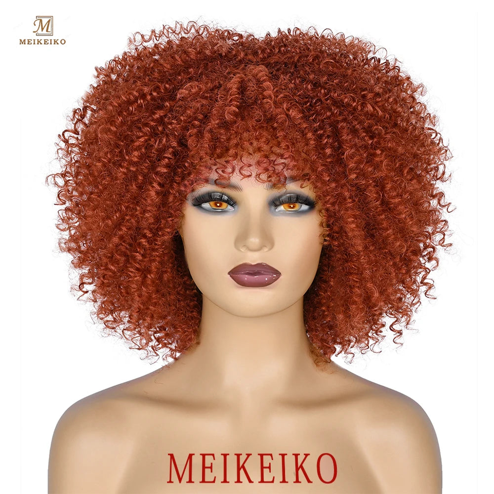Short Hair Afro Kinky Curly Wigs With Bangs African Synthetic Ombre Glueless Cosplay Wigs for Black Women High Temperature