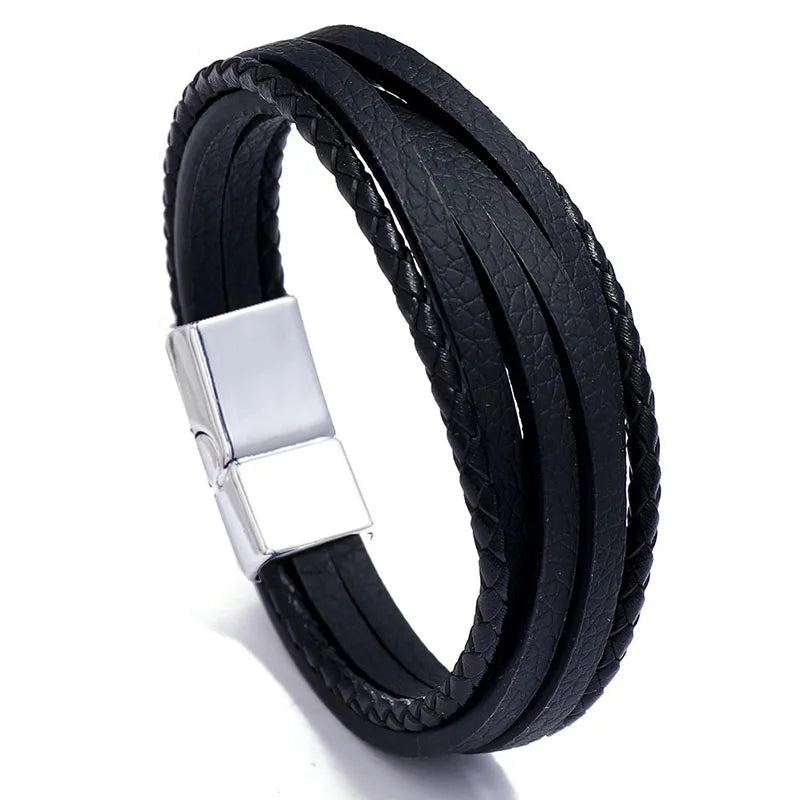Genuine Leather Bracelet for Men Simple OL Style Man Bracelet Bangle Alloy Magnetic Clasp Wristband Hand Jewelry Bracelet Homme