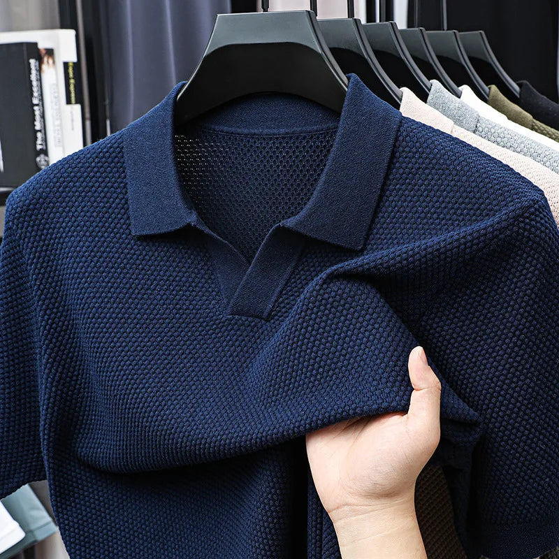 2025 Men Summer New Knitting V-neck Thin Polo Shirt Male Short Sleeve T Shirts Men's Solid Color Casual Tops Tees