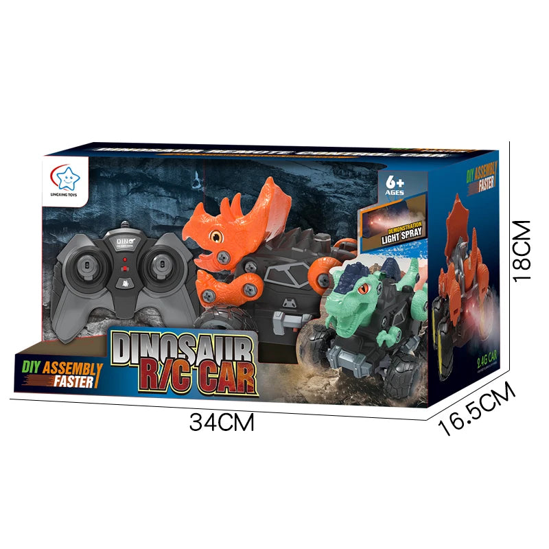 2.4Ghz Remote Control 4WD Dinosaur Spraying Vehicle Disassembly Assembly Toys Flashing Light RC Car Models for Kid Adult