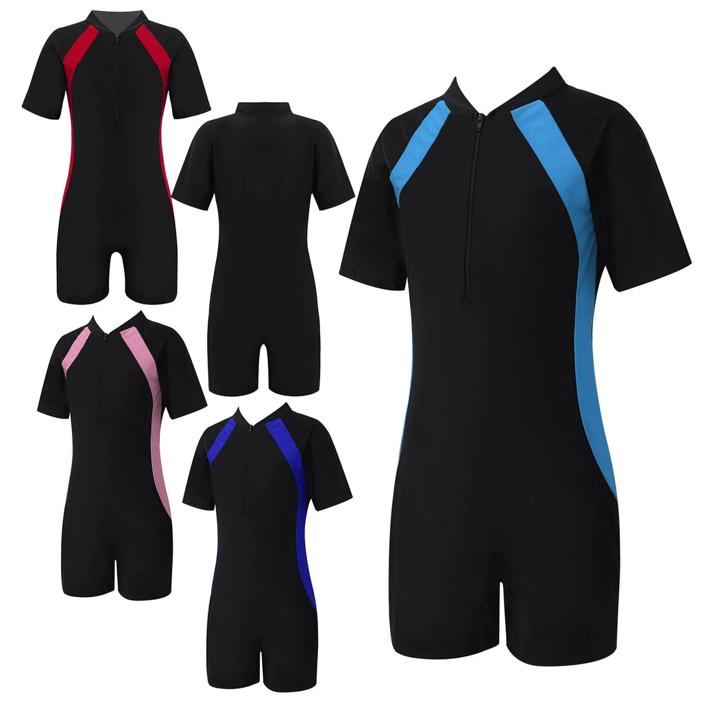 Children One-piece Swimwear Stand Collar Short Sleeves Color Swimming Bathing Suiti Short Rash Guard Jumpsuit Cool Kids Swimsuit
