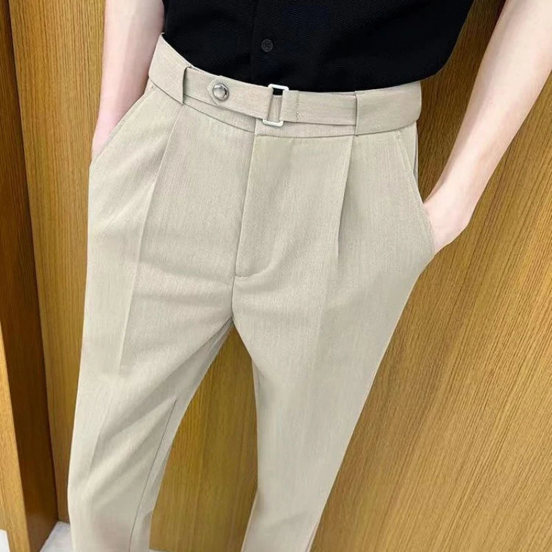 Men Casual Suit Pants Business Pockets Outdoor Button Zipper Casual Slim Suit Trousers British Style Long Pencil Cropped Pants