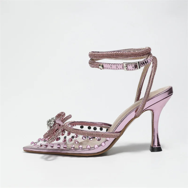 2023 Designer High Heels for Women Luxury Transparent PVC Pointed Toe Shoes with Rhinestone Sexy Thin Heels for Summer