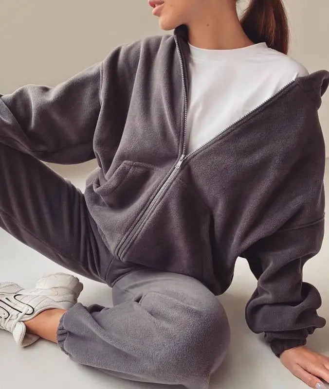 2025 Casual Women Fleece Hoodie Two Piece Sets Hooded Zipper Outerwear And Harem Pant Suit Winter Fashion Streetwear Tracksuit