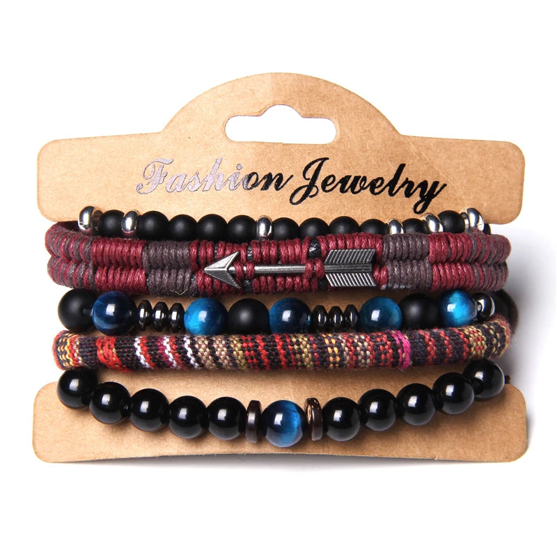 Handmade Bracelets Set Men Black Onyx Stone Beads Bracelet Women Braid Adjustable Arrow Charm Pulsera Faceted Hematite Jewelry