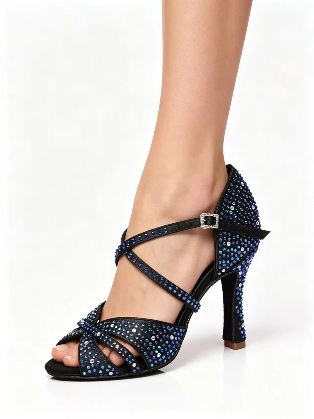 Blue 7.5cm Heel Strap Salsa Latin Shoes Satin Ballroom Tango Cha Cha Dancing Shoes Suede Sole Sandals for Women