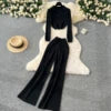 Fashion Sweater Set Women's Loose Casual Retro Lapel Short Long-sleeved Sweater Women's High-waisted Wide-leg Pants