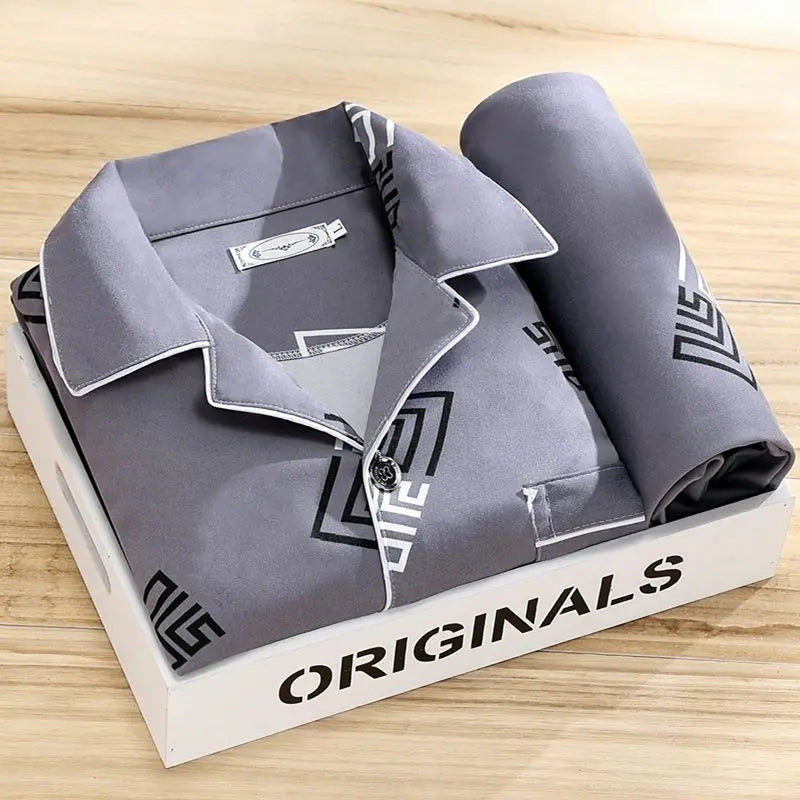 100% High-end Pajamas Men's Spring Autumn Striped Long-sleeved Trousers Pijamas Two-piece 2025 New Loose Nightwear Homewear Set