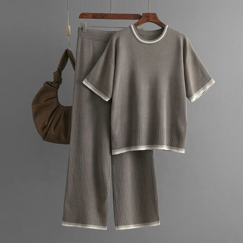 Fashion Women's Loose Sweater Top High Waist Thin Wide Leg Pants Two-piece Set Womens Cotton Knit Pant Sets