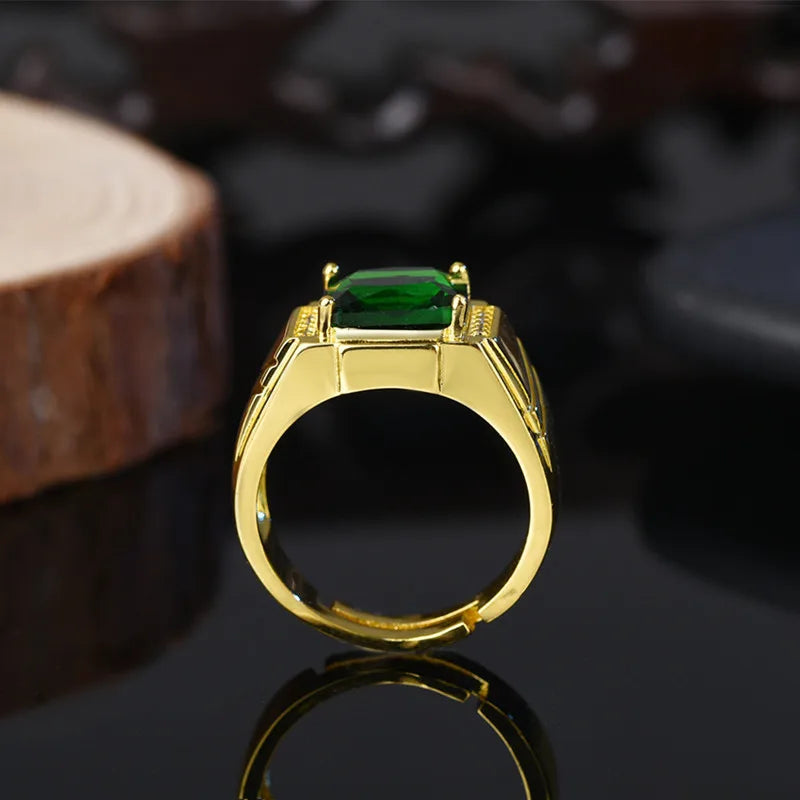 Masculine Green Crystal Emerald Gemstones Diamonds Open Rings for Men 18k Gold Filled Jewelry Trendy Finger Band Accessory Bague