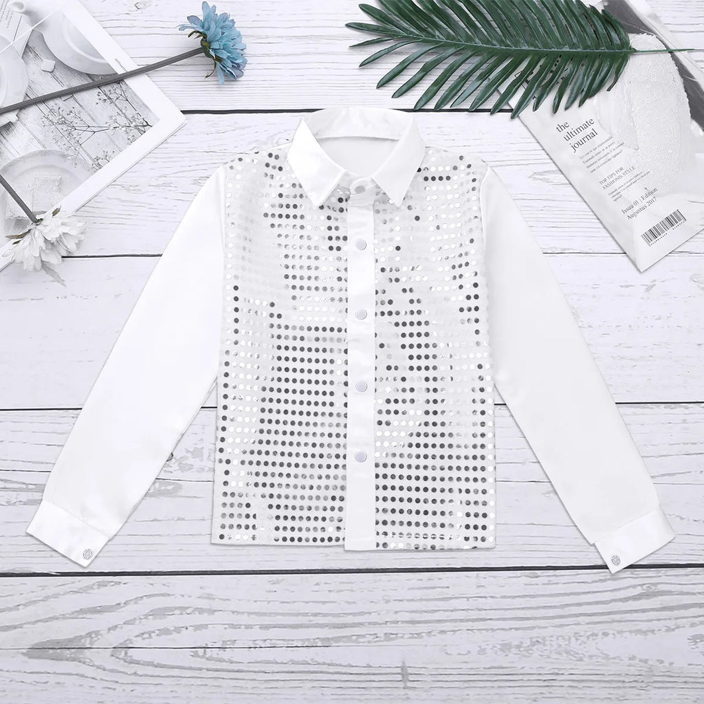 Kids Boys Sequined Shirts Shiny Long Sleeve Shirt Tops Button-Down Shirts Fashion Choir Jazz Dance Costumes Performance Clothes